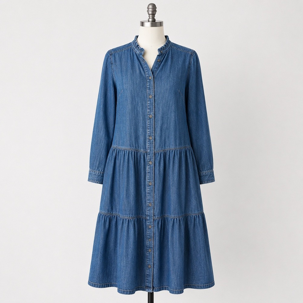 Boden Denim Tiered Midi Dress Womens US 12R Blue Cotton Button Front Pockets - Picture 2 of 13